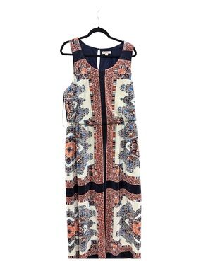Boho Printed Maxi Dress with Tie Waist - Navy, Coral & Cream